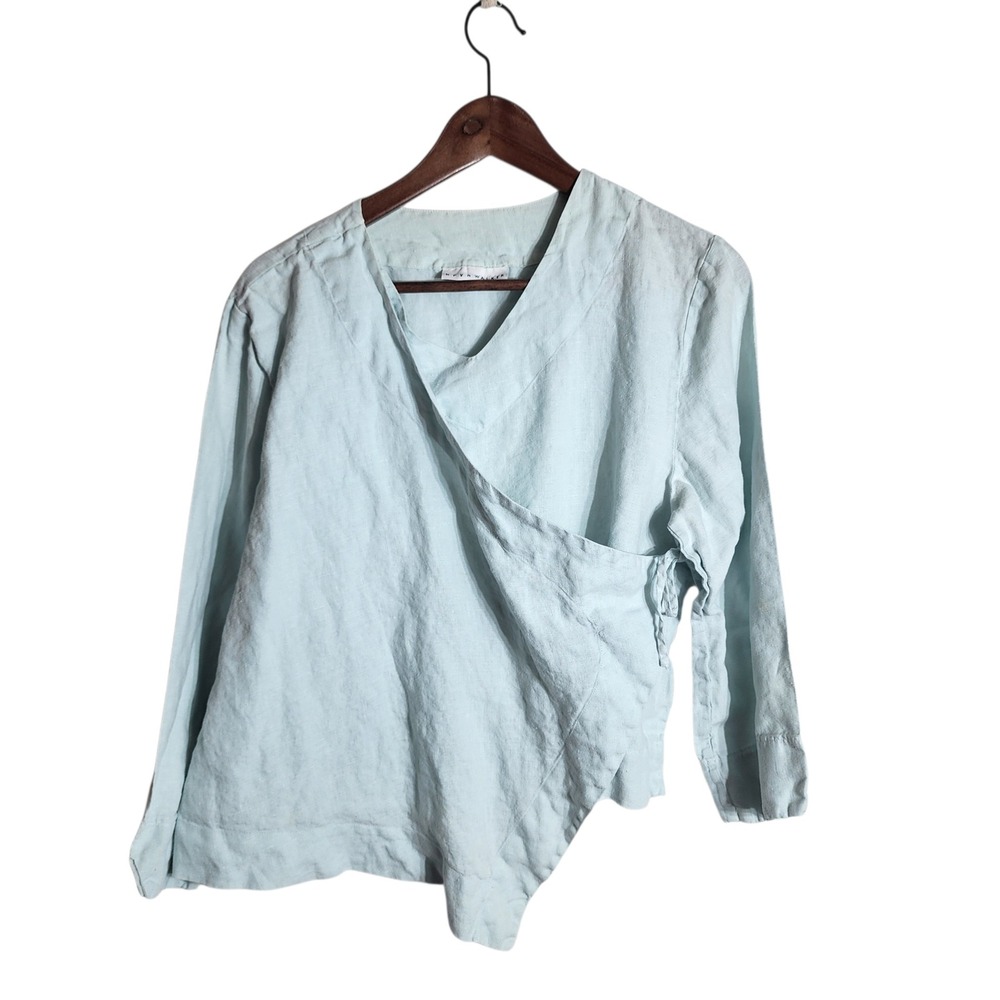 Bryn Walker Light Blue 100% Linen Asymmetrical Wrap Tie Top Womens Medium USA